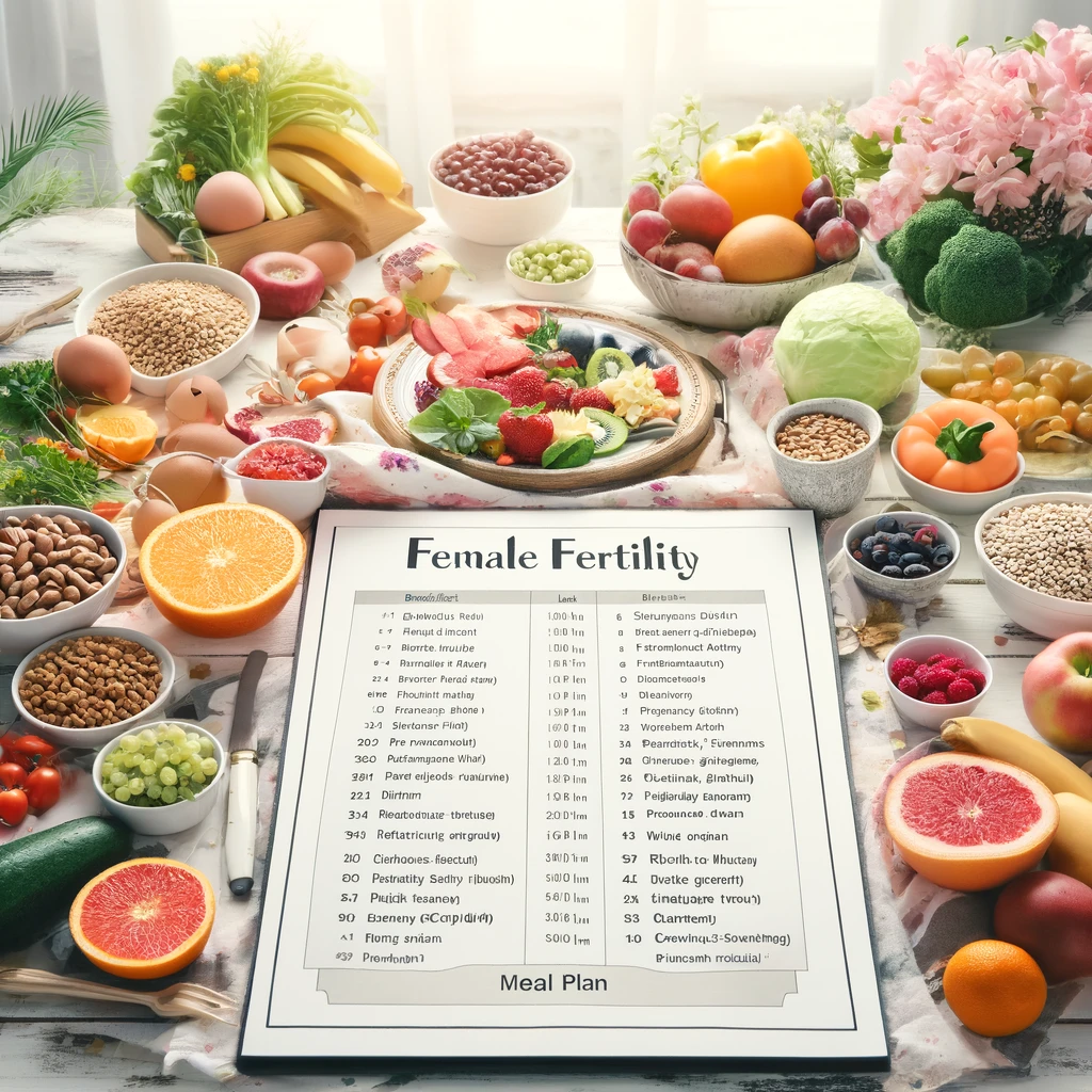 A visually appealing and nutritious meal plan layout for female fertility featuring a variety of fresh fruits vegetables whole grains and lean protein