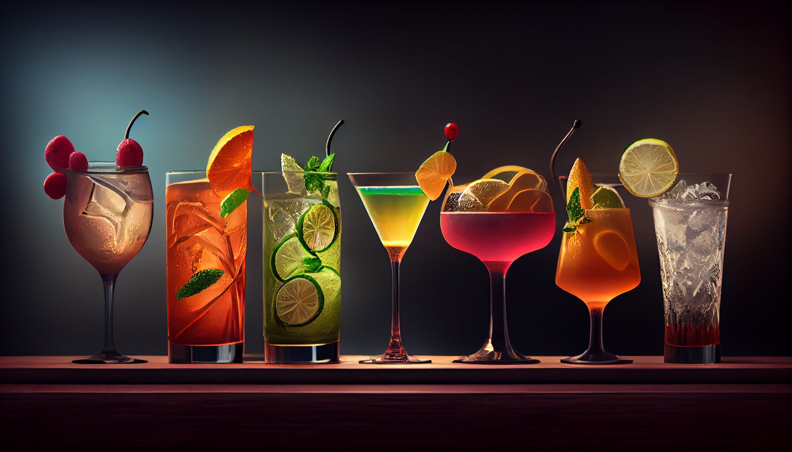 Fresh Line up of sweet cocktails with ice, lemon and Lime