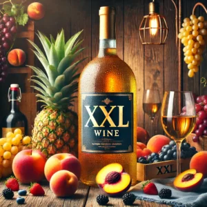 A vibrant and elegant feature image for a blog post about XXL Wine featuring a large wine bottle labeled XXL Wine alongside various fruit like peach, pineapple and grapes.