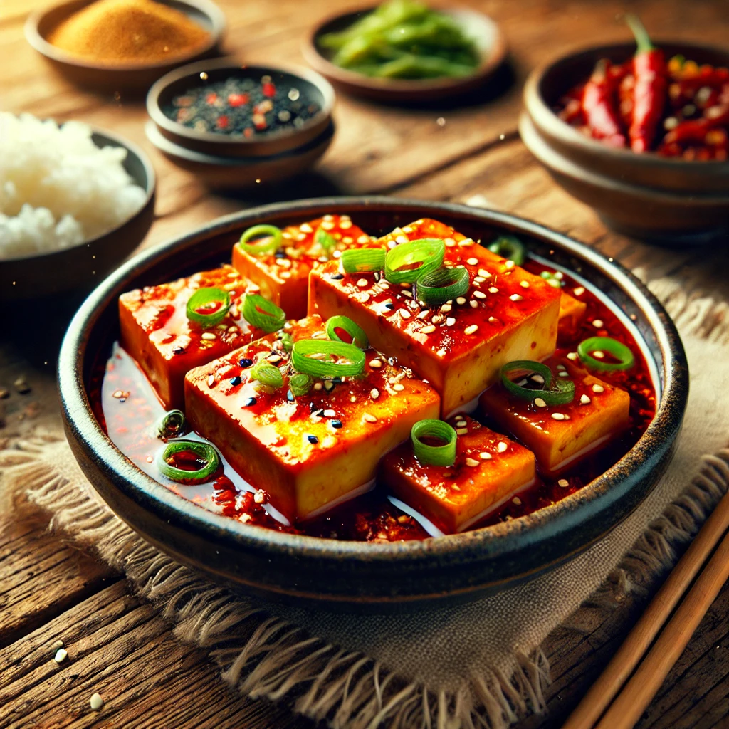 A beautifully plated Dubu Jorim Korean braised tofu dish on a rustic wooden table. The tofu is golden brown simmered in a rich vibrant red sauce