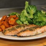 Baked Salmon with Sweet Potatoes and Steamed Broccoli