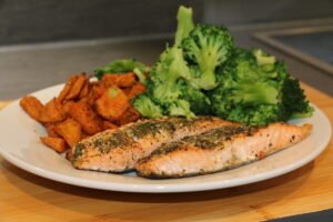 Baked Salmon with Sweet Potatoes and Steamed Broccoli
