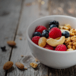 Oatmeal with berries and sliced almonds