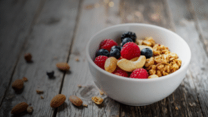 Oatmeal with berries and sliced almonds