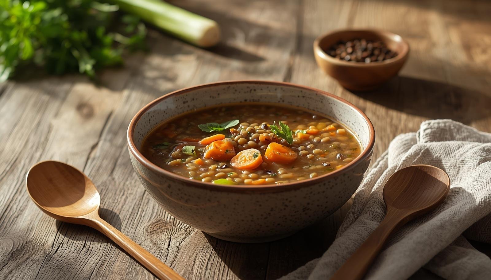 Lentil soup served as a pre-meal satiety snack with vegetables on a wooden table