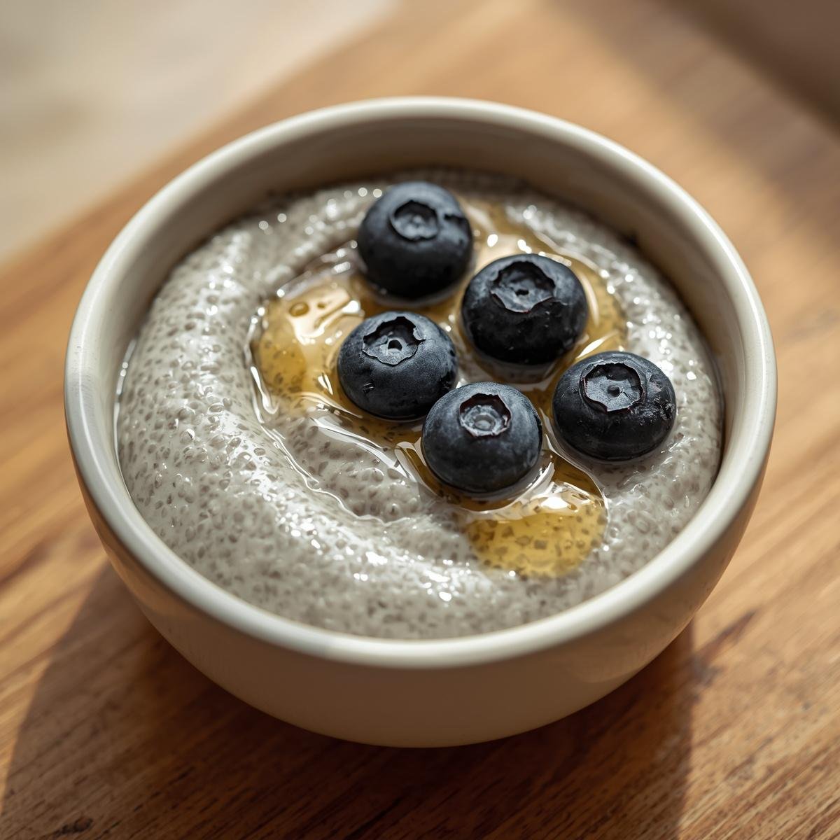 Chia Seed Pudding in a glass jar topped with fresh berries and almonds, creamy high-fibre low-calorie healthy snack