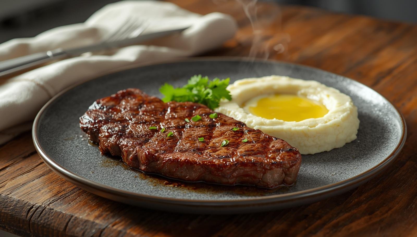 Grilled Beef & Cauliflower Mash served as a low-calorie dinner with juicy steak slices and creamy mash