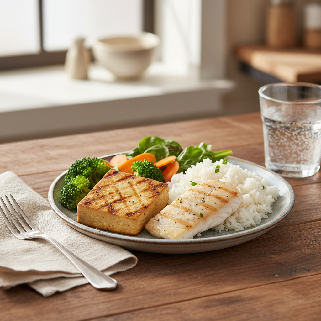 Grilled Tofu or Fish & Rice healthy meal plan served with vegetables on a wooden table