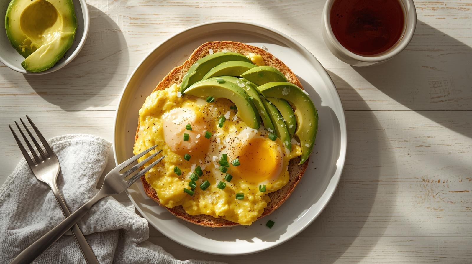 Scrambled Eggs & Avocado served on wholegrain toast with creamy eggs and fresh sliced avocado for a healthy breakfast