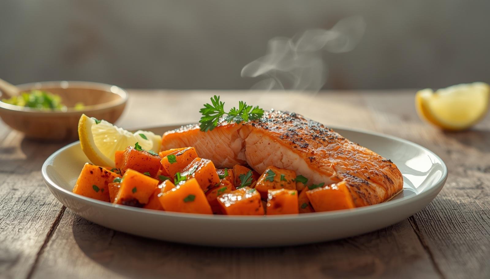 Baked Salmon & Sweet Potato fillet with roasted sweet potatoes, lemon wedges, and fresh parsley served on a rustic plate for a healthy high-protein dinner.