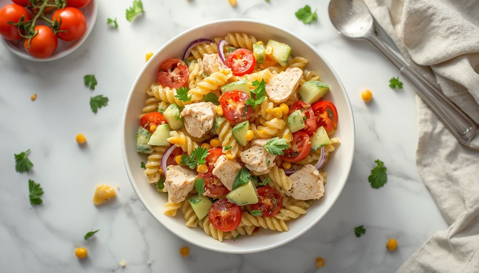 Chicken Pasta Salad Recipe with creamy dressing, tender chicken and fresh vegetables