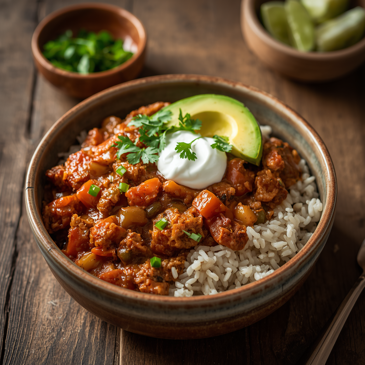 Turkey chilli with rice made with lean ground turkey, brown rice, avocado and fresh coriander