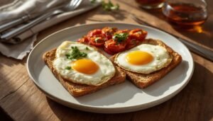 Eggs on Wholemeal Toast with Grilled Tomatoes served on wholemeal toast with fresh herbs on a ceramic plate