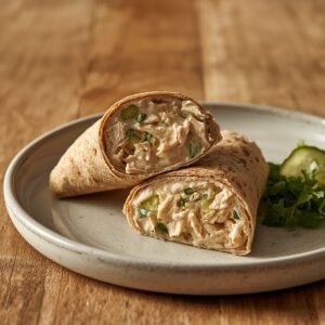 Creamy chicken salad wrap sliced in half on a ceramic plate showing shredded chicken, celery and Greek yogurt dressing on a rustic wooden table