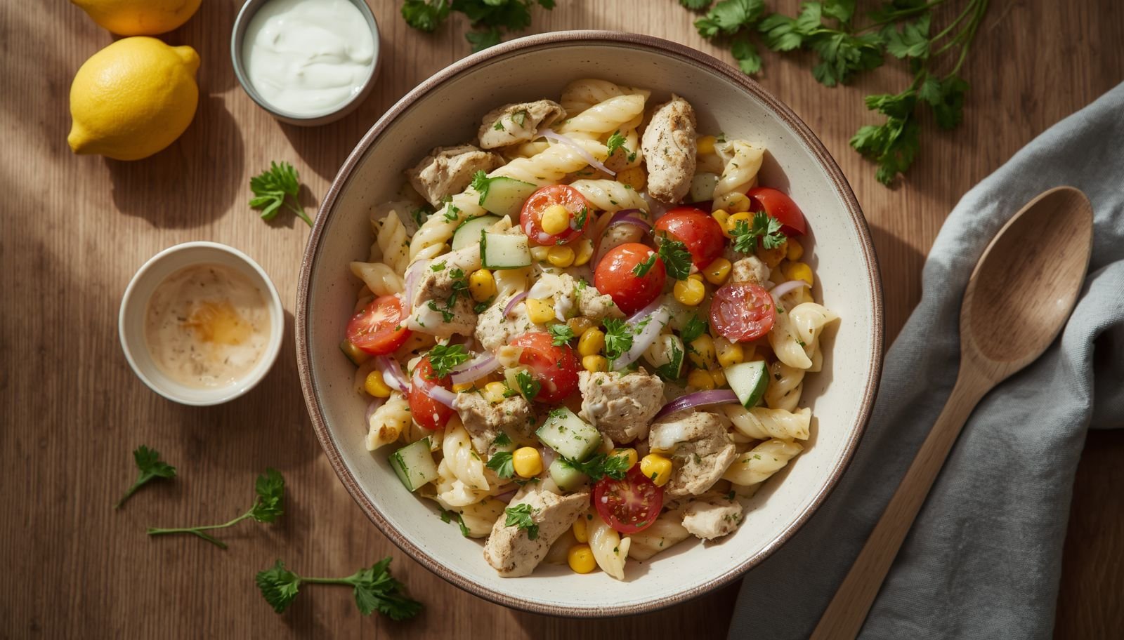 Chicken pasta salad in a ceramic bowl with fusilli pasta, chicken breast, cherry tomatoes, cucumber, sweetcorn and creamy dressing on a wooden table.