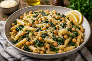 Chickpea Spinach Pasta served with fresh spinach, chickpeas, Parmesan and lemon in a ceramic bowl