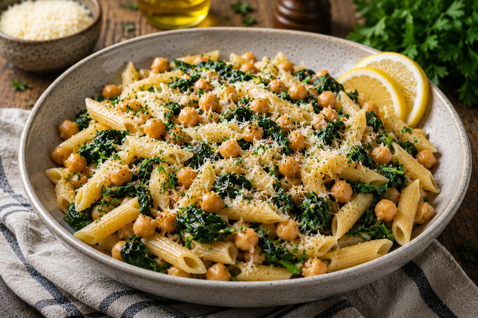 Chickpea Spinach Pasta served with fresh spinach, chickpeas, Parmesan and lemon in a ceramic bowl