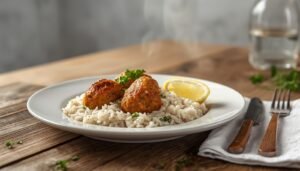Turkey Meatballs with Rice served on a ceramic plate with fluffy seasoned rice, fresh parsley and homemade turkey meatballs.