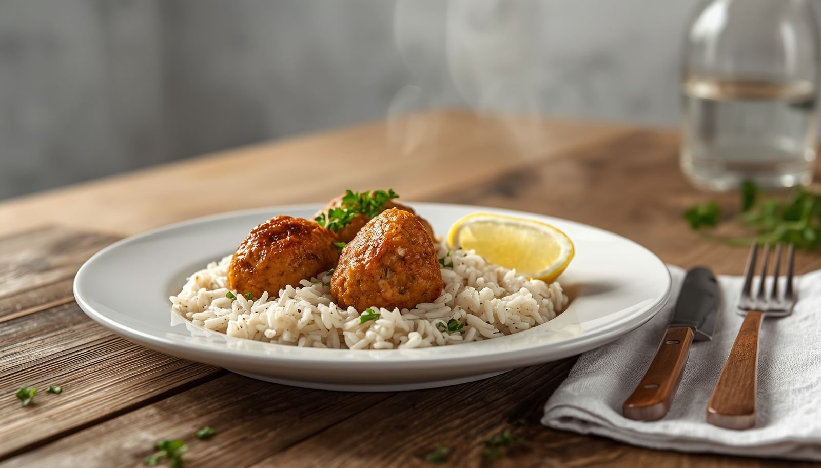 Turkey Meatballs with Rice served on a ceramic plate with fluffy seasoned rice, fresh parsley and homemade turkey meatballs.