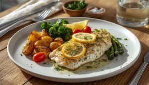 Lemon Herb Tilapia baked with fresh lemon, garlic, parsley and dill, served with roasted baby potatoes, asparagus and broccoli on a white ceramic plate.