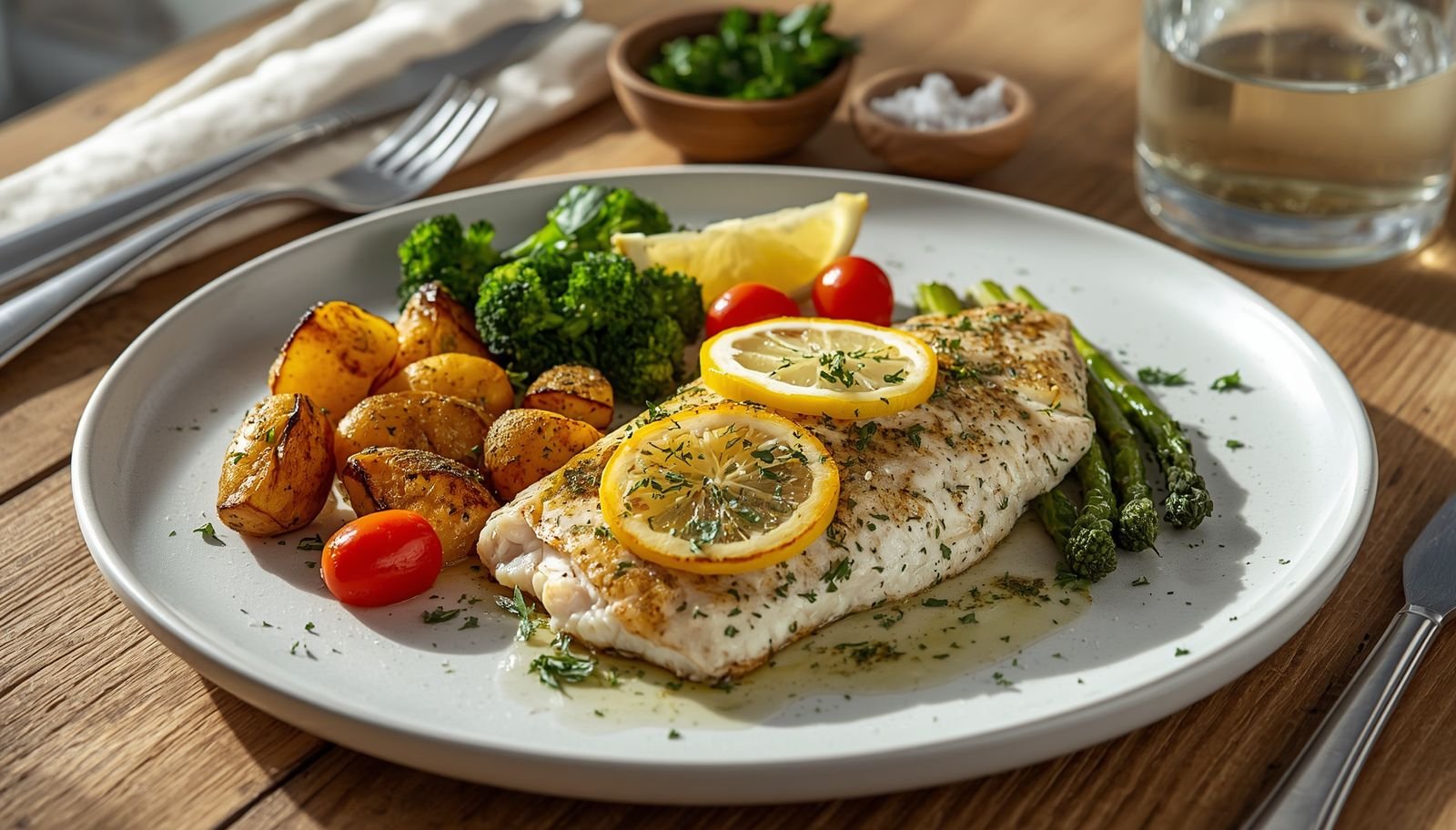 Lemon Herb Tilapia baked with fresh lemon, garlic, parsley and dill, served with roasted baby potatoes, asparagus and broccoli on a white ceramic plate.