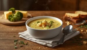 Creamy homemade Broccoli Cheddar Soup served in a white ceramic bowl with fresh broccoli, melted mature Cheddar cheese, chives and crusty artisan bread on a rustic wooden table.