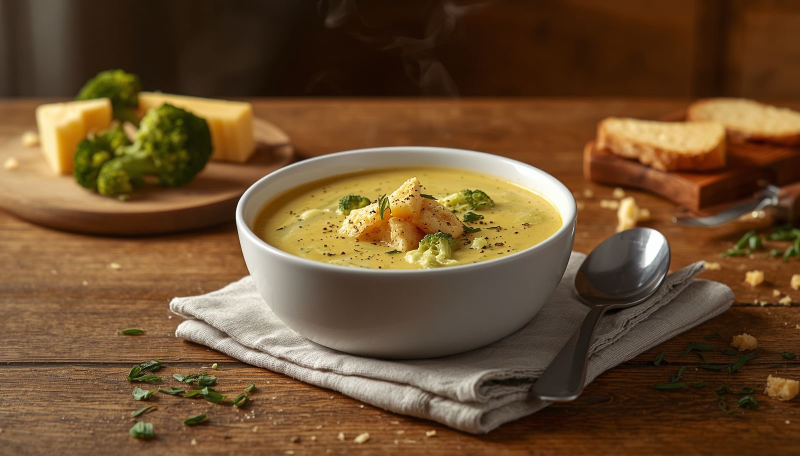 Creamy homemade Broccoli Cheddar Soup served in a white ceramic bowl with fresh broccoli, melted mature Cheddar cheese, chives and crusty artisan bread on a rustic wooden table.